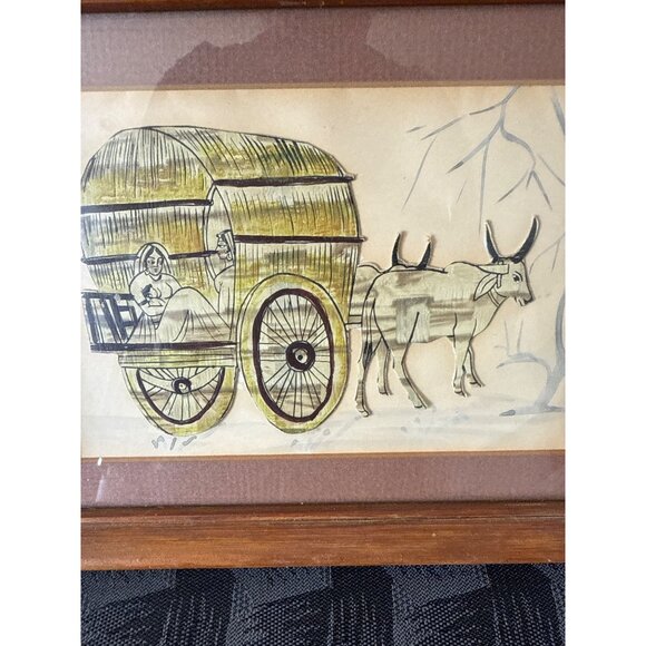Vintage Ox & Cart Framed Artwork With Wooden Frame - Picture 2 of 5